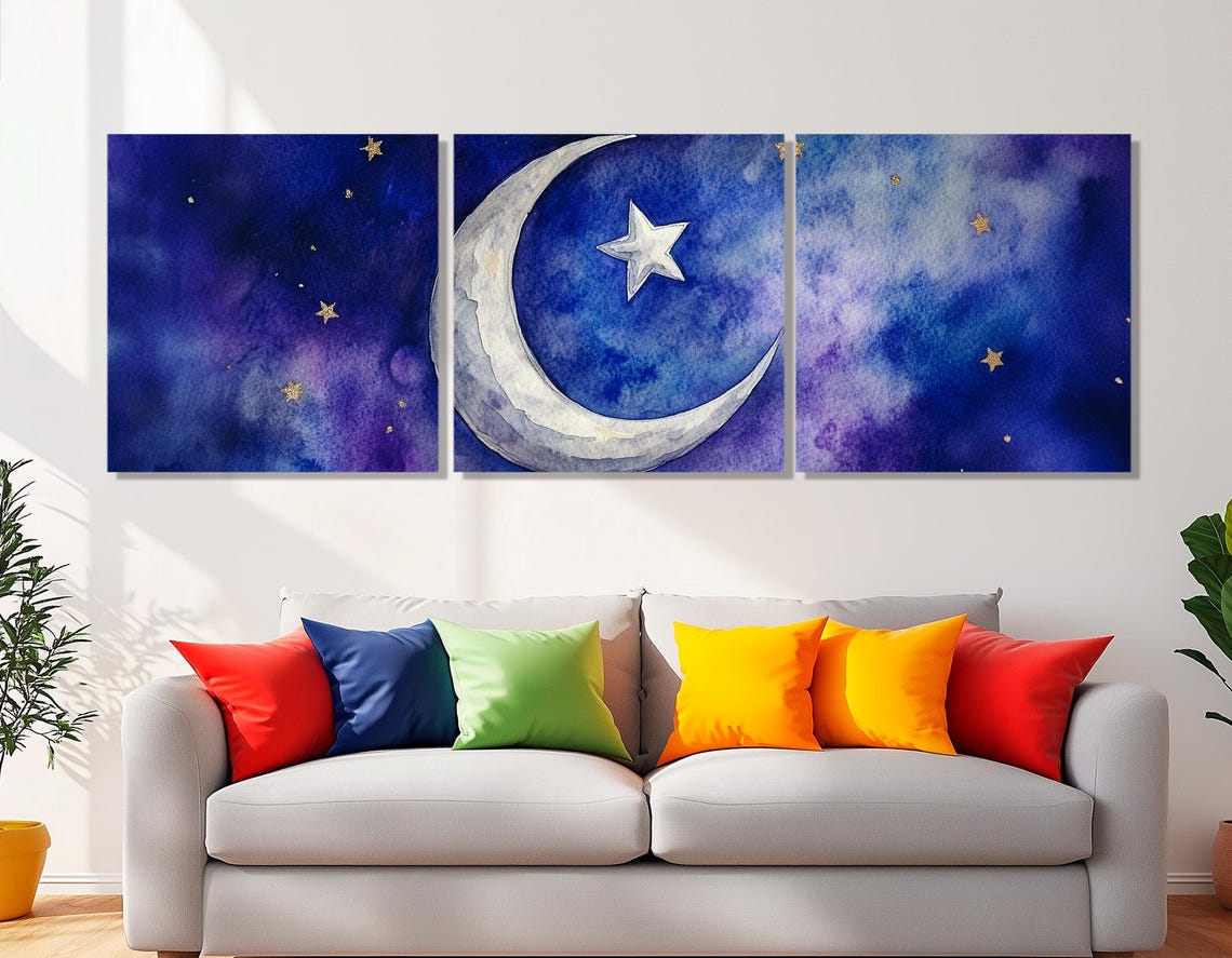 Crescent Moon And Star Deep Blue Night Sky Watercolor Islamic Poster - Image 4