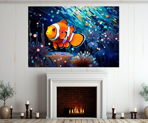 Colorful Clownfish Painting Print Clownfish Wall Art Aquarium Fish Painting Fish Wall Decor Framed And Ready To Hang
