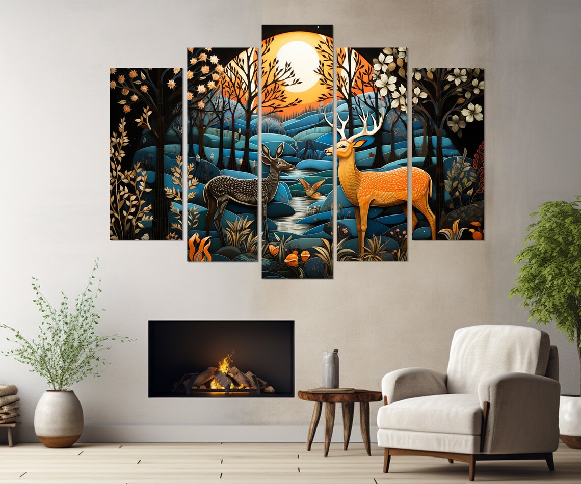 Golden Stag And Doe In Blue Moonlit Forest Fantasy Folk Art Poster - Image 3
