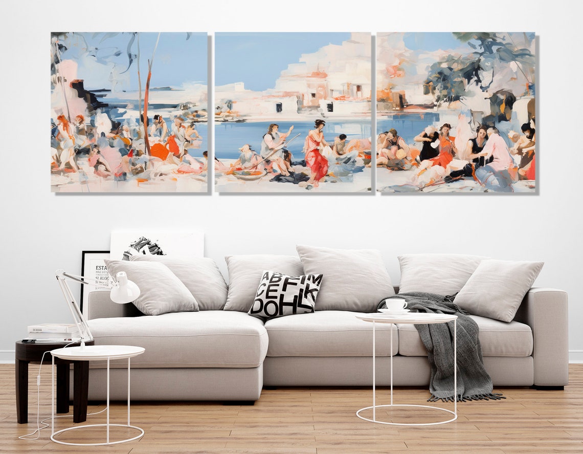 Retro Santorini Greece Aegean Coast Triptych Vintage Travel Poster