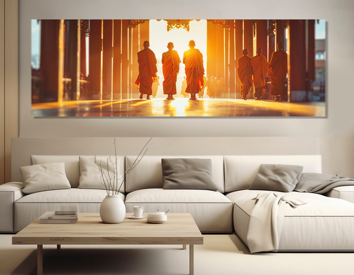 Buddhist Monks Walking Temple Golden Light Triptych Spiritual Poster - Image 4