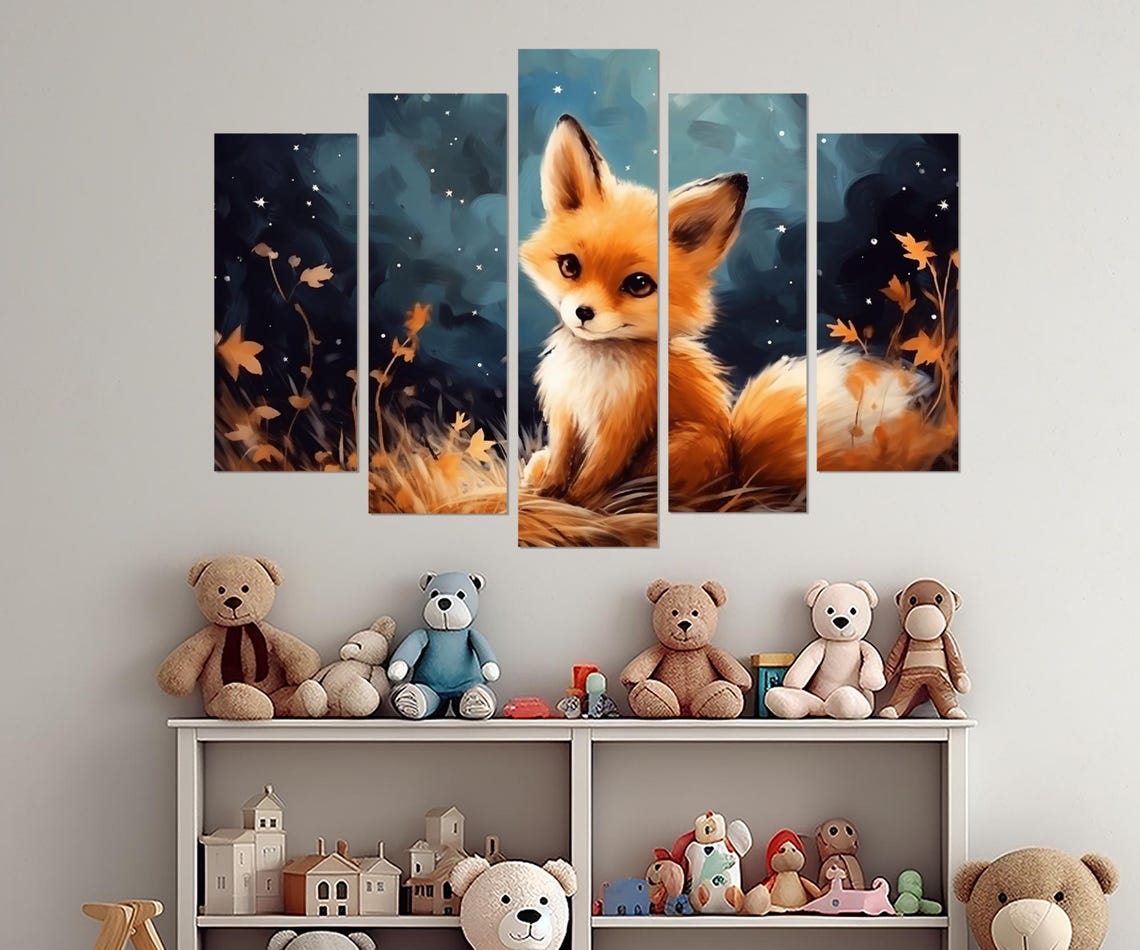 Cute Fox Cub Starry Night Autumn Leaves Nursery Kids Wall Art Print - Image 3