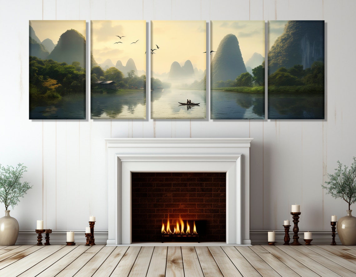 Li River Morning Karst Peaks Birds Flying Boat Reflection China Poster - Image 3