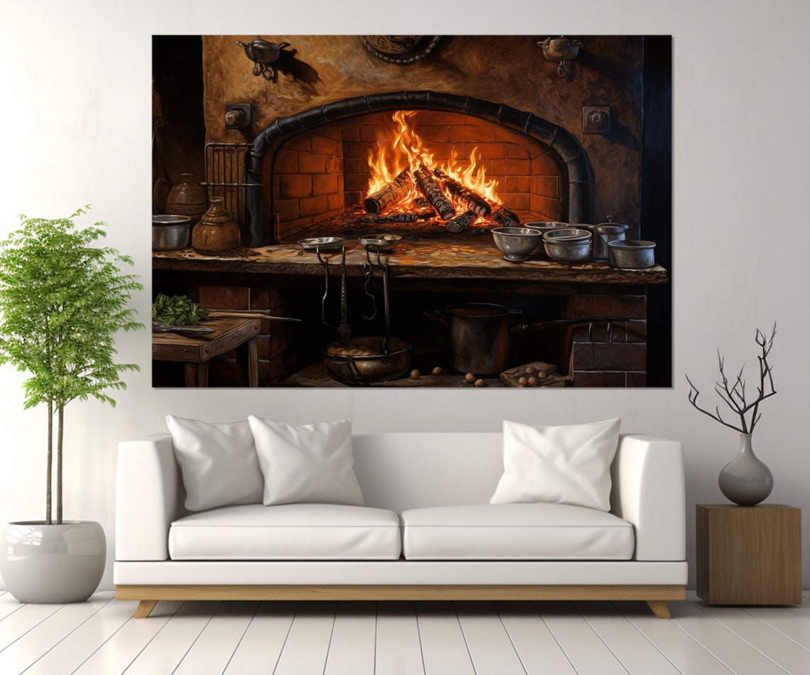 Rustic Brick Oven Roaring Fire Vintage Bakery Kitchen Painting Poster