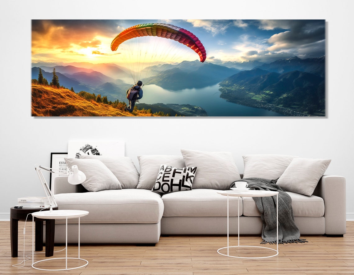 Paraglider Soaring Over Mountain Lake Sunset Thrilling Sports Poster - Image 3