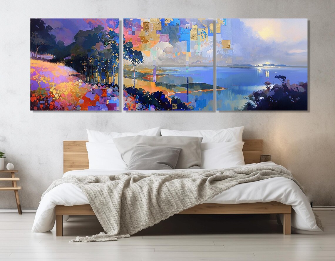 Lilac Lake Cubist Landscape Dusk Gold Blocks Abstract Nature Art Print - Image 4