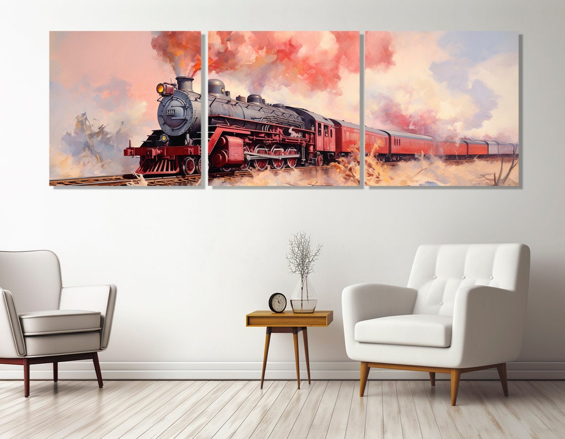 Vintage Red Steam Locomotive Train Speeding Smoke Clouds Art Poster - Image 4