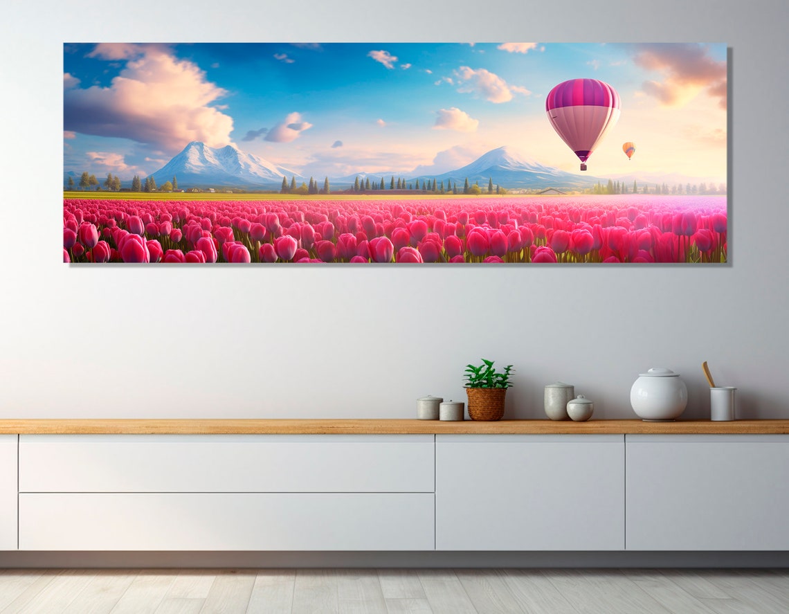 Panoramic Pink Tulip Field With Hot Air Balloons And Mountains Poster - Image 3