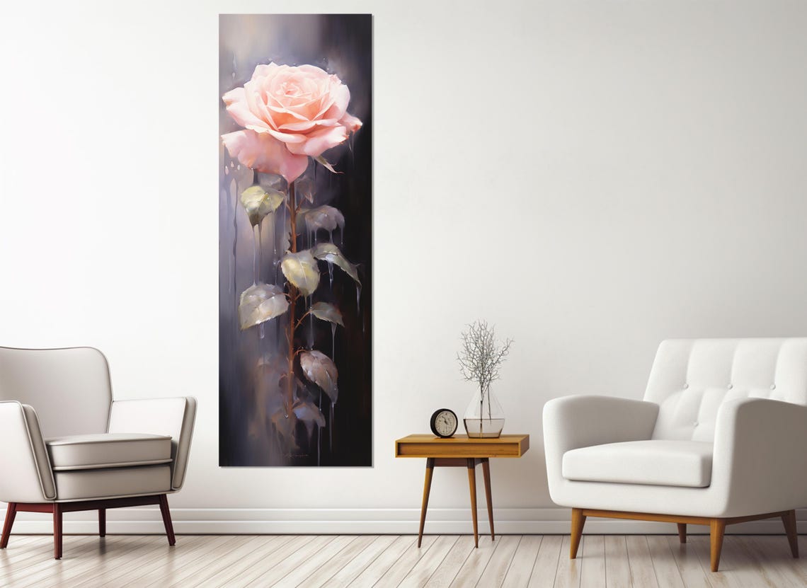 Blush Pink Rose Dark Moody Botanical Single Bloom Vertical Art Poster - Image 2