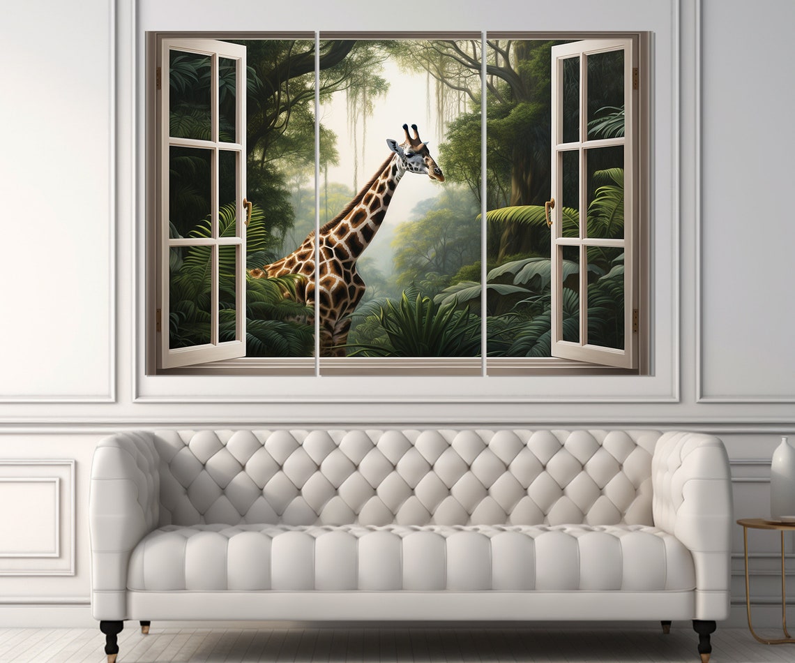 Giraffe Jungle Open Window Lush Green Forest Curious Wildlife Poster - Image 4