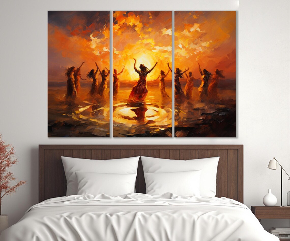 Women Dancing Around Fire Fiery Sunset Impressionist Celebration Wall Poster - Image 3