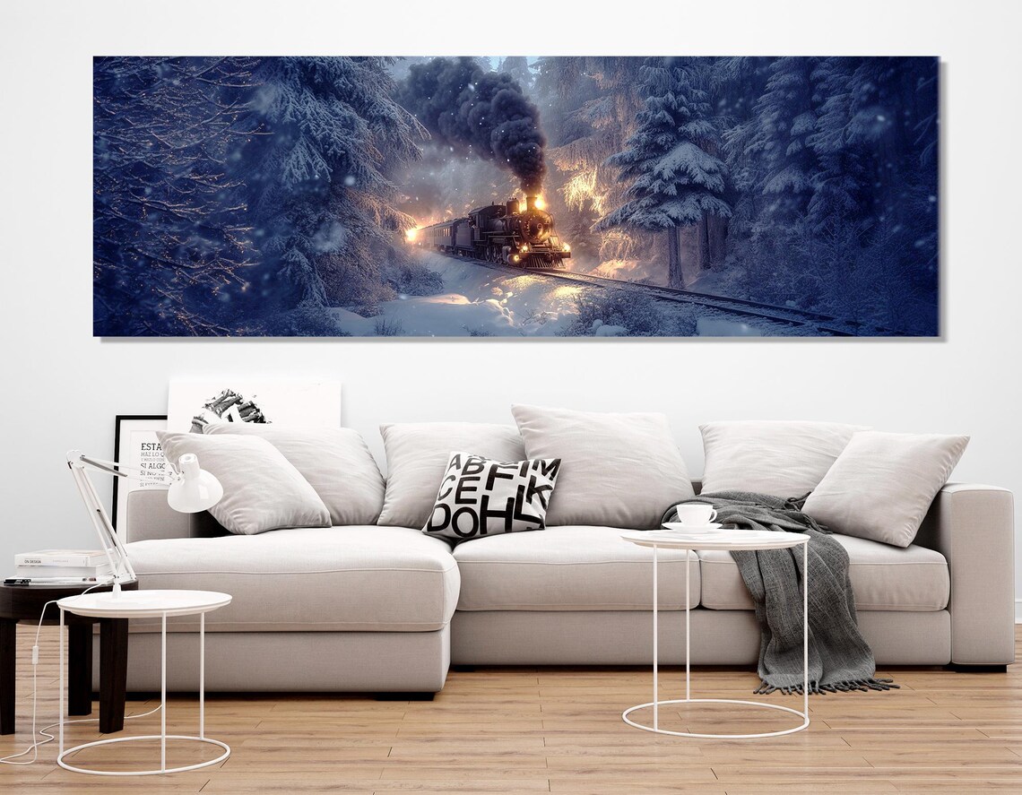 Steam Train Snowy Forest Winter Night Snowfall Panoramic Travel Poster - Image 4