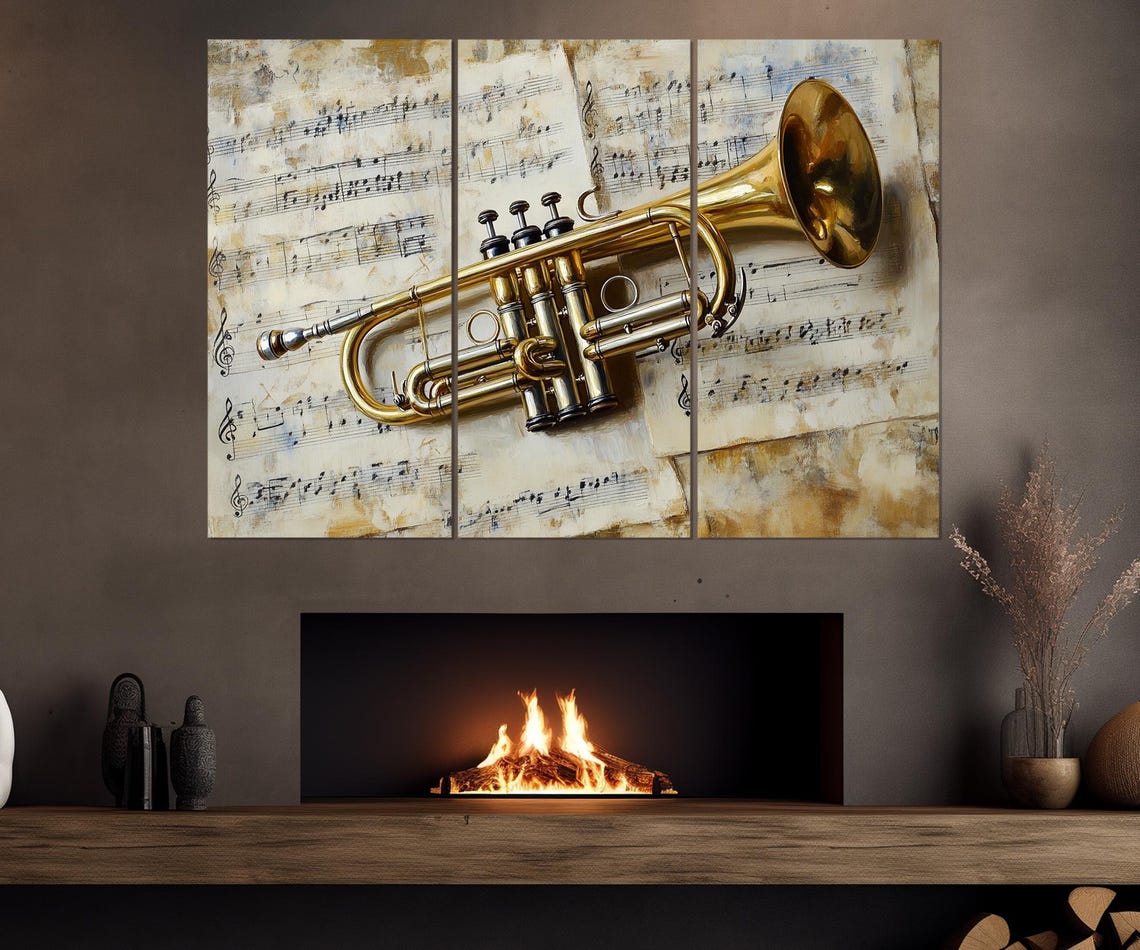 Brass Trumpet On Vintage Sheet Music Triptych Jazz Wall Poster
