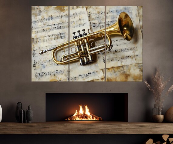 Brass Trumpet On Vintage Sheet Music Triptych Jazz Wall Poster