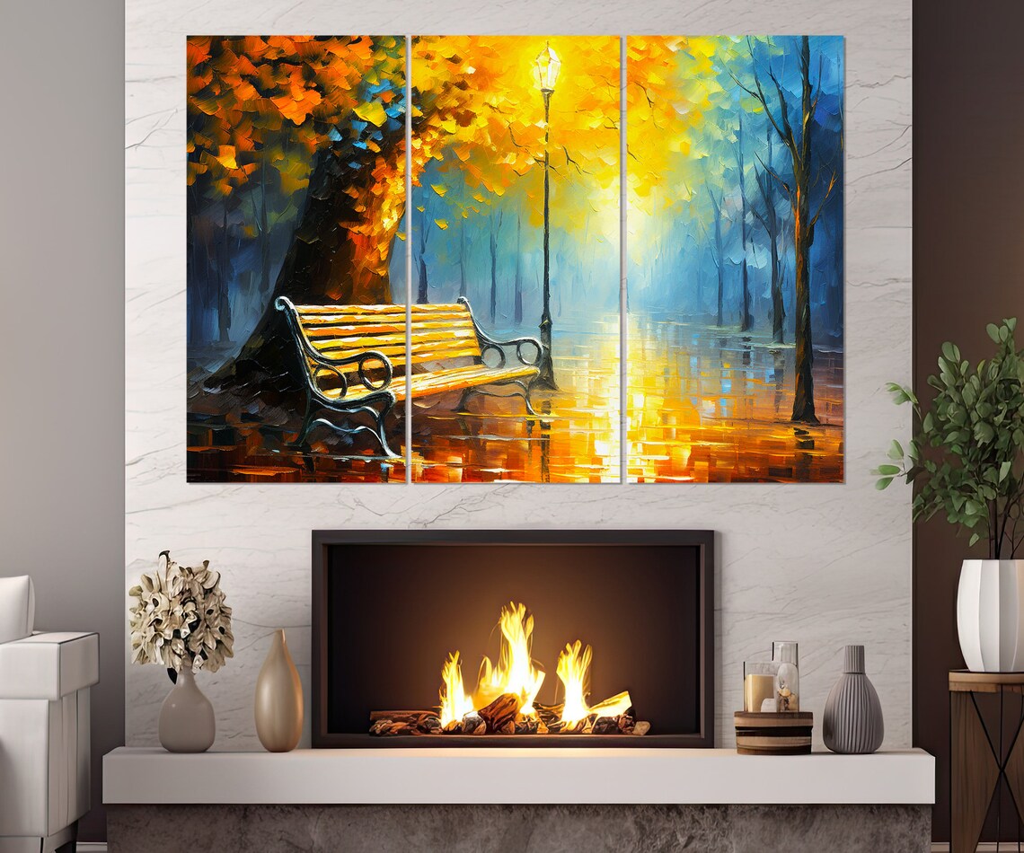 Autumn Park Bench Golden Lamppost Rainy Evening Painting Art Print - Image 4