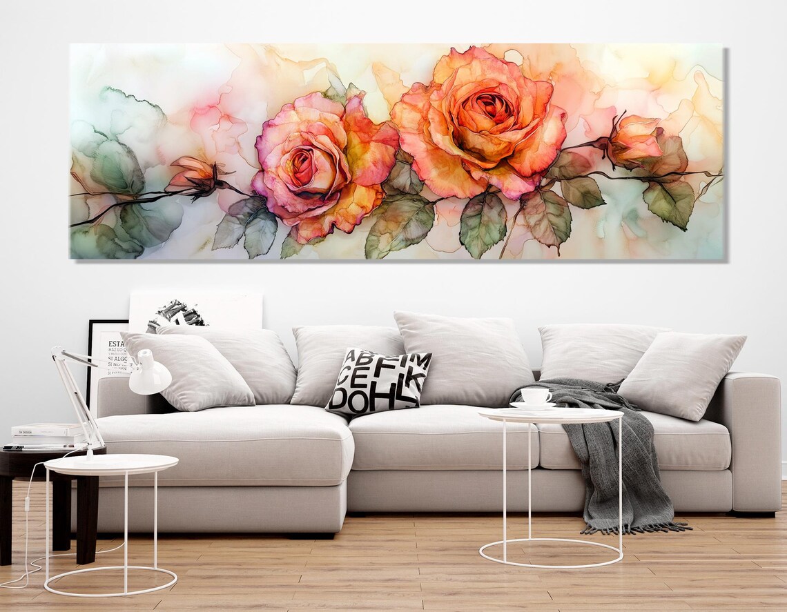 Watercolor Roses Orange Pink Blooming Branch Panoramic Floral Poster - Image 2