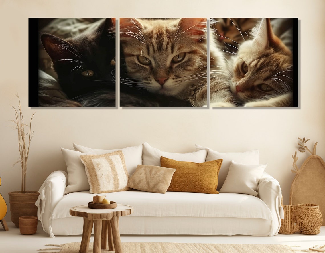 Two Cats Snuggling Close Up Portrait Tabby Black Cat Wall Art Poster - Image 4