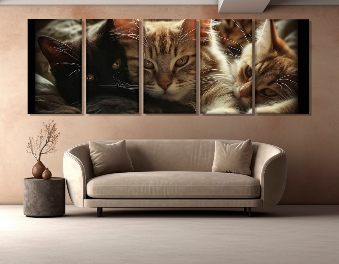Two Cats Snuggling Close Up Portrait Tabby Black Cat Wall Art Poster - Image 2