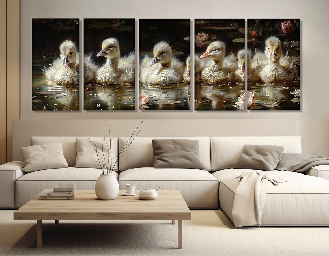 Seven Baby Swans Swimming Lily Pond Oil Painting Wildlife Art Poster - Image 3