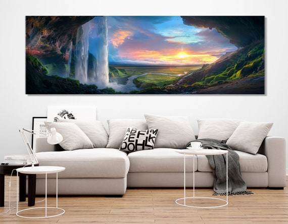 Scenic Waterfall Seljalandsfoss In Island Abstract Print Waterfall Painting Iceland Nature Poster Framed Ready To Hang