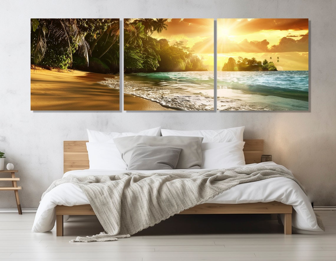Tropical Beach Golden Sunset Palm Trees Turquoise Ocean Waves Poster - Image 4