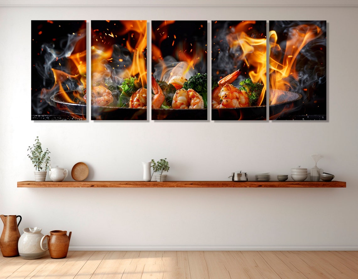 Flaming Wok Shrimp And Broccoli Stir Fry Dramatic Kitchen Wall Art - Image 3
