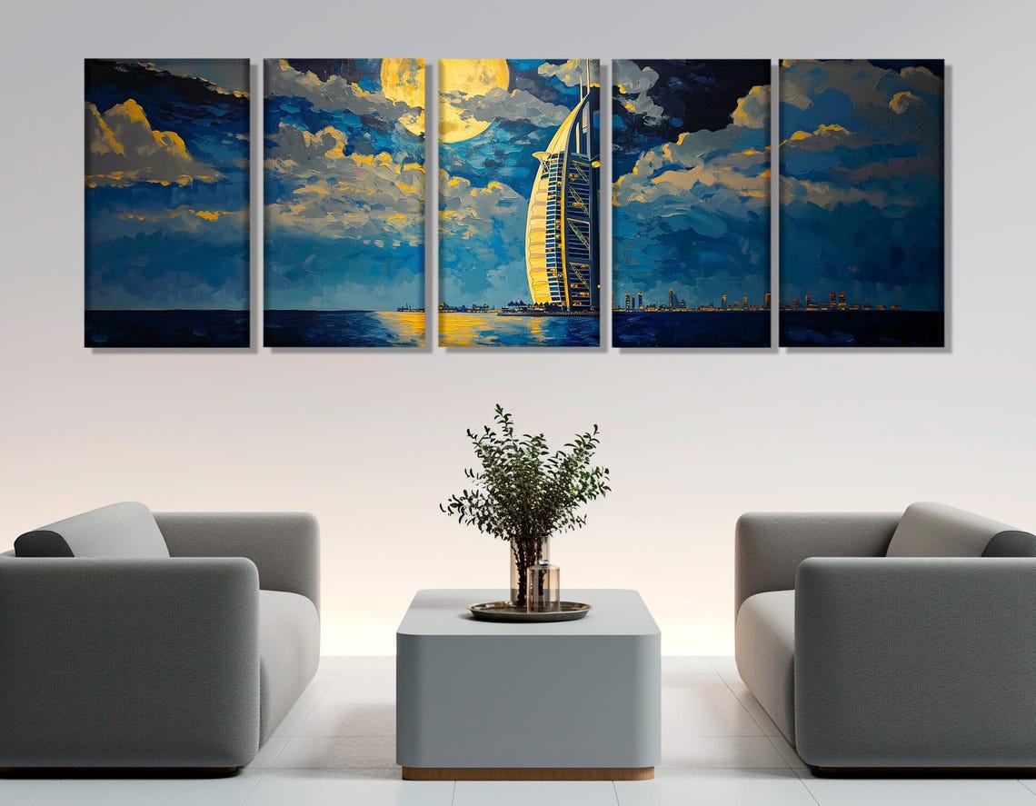 Dubai Burj Al Arab Night Sky Moon Triptych Oil Painting Travel Poster - Image 3