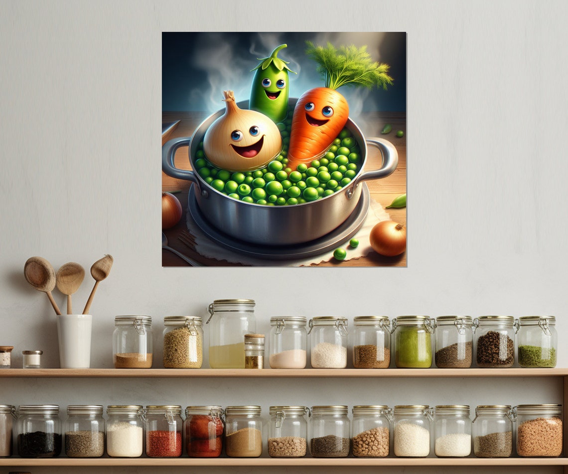 Funny Smiling Vegetables Pot Of Peas Cartoon Kitchen Wall Decor Print - Image 2