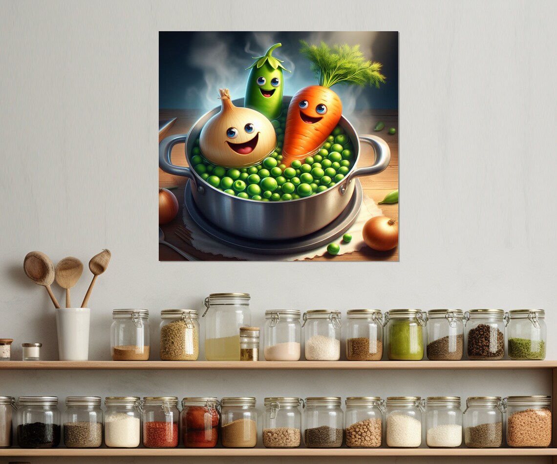 Happy Vegetable Friends Pot Of Peas Cartoon Kitchen Wall Decor Print - Image 2