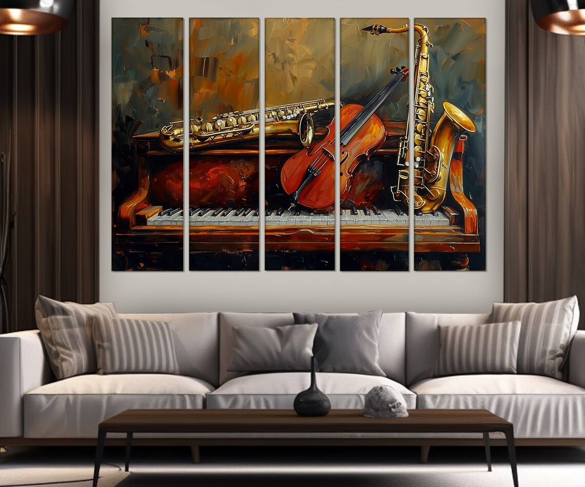 Vintage Musical Instruments Art Print, Piano Violin Saxophone - Image 3