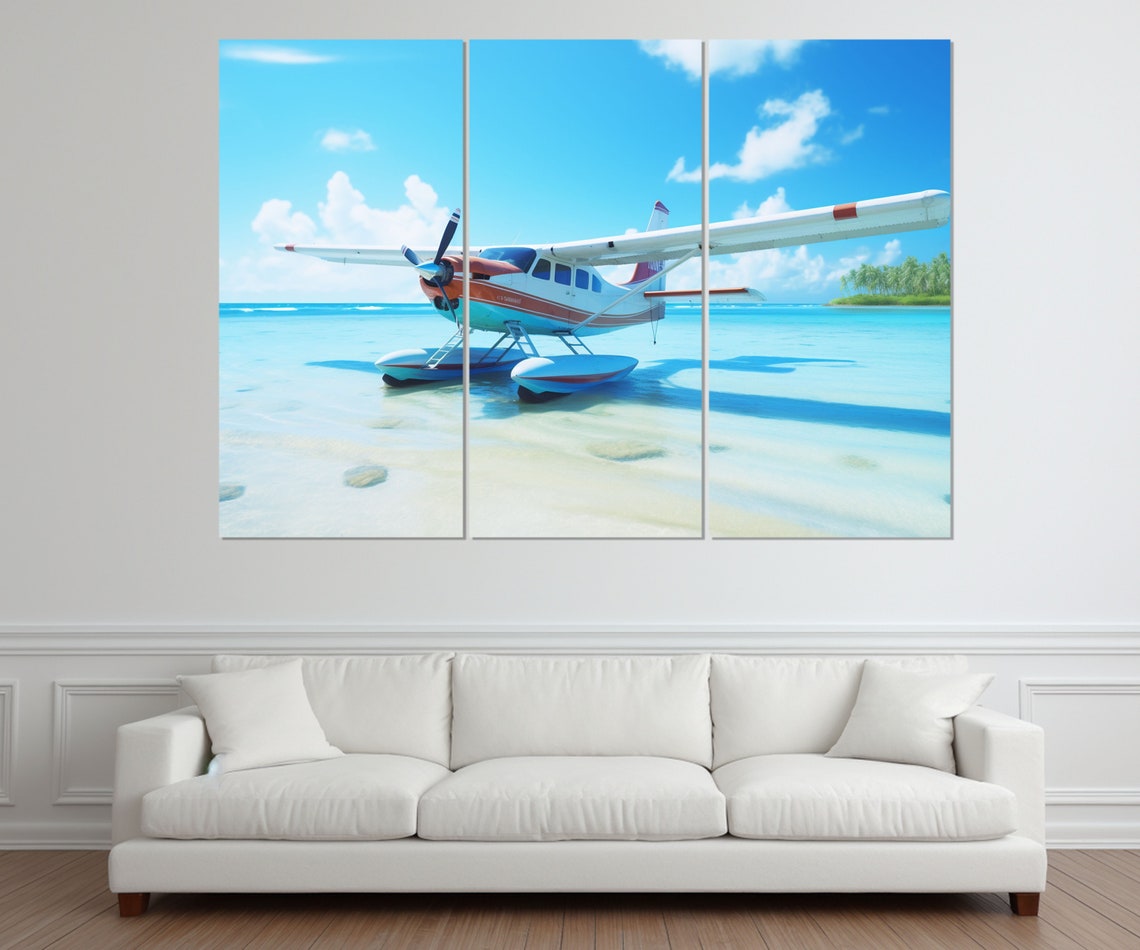 Seaplane Floating On Turquoise Beach Water Sunny Sky Travel Poster - Image 2