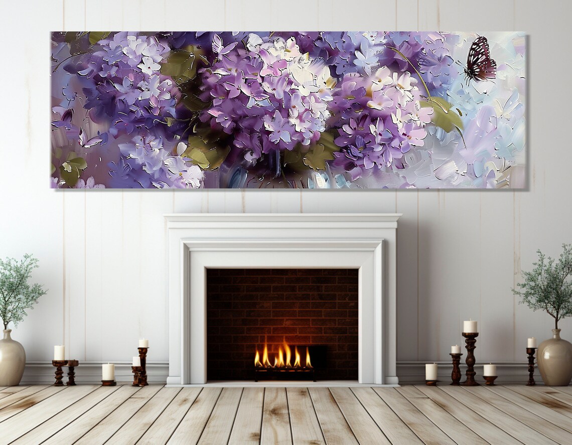 Purple Lilac Blossoms Butterfly Thick Impasto Spring Floral Wall Art - Image 2