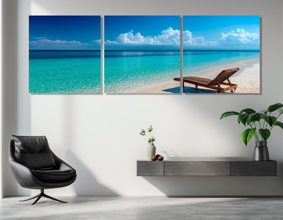 Maldives Tropical Beach Turquoise Water Wooden Lounger Panorama Poster - Image 4