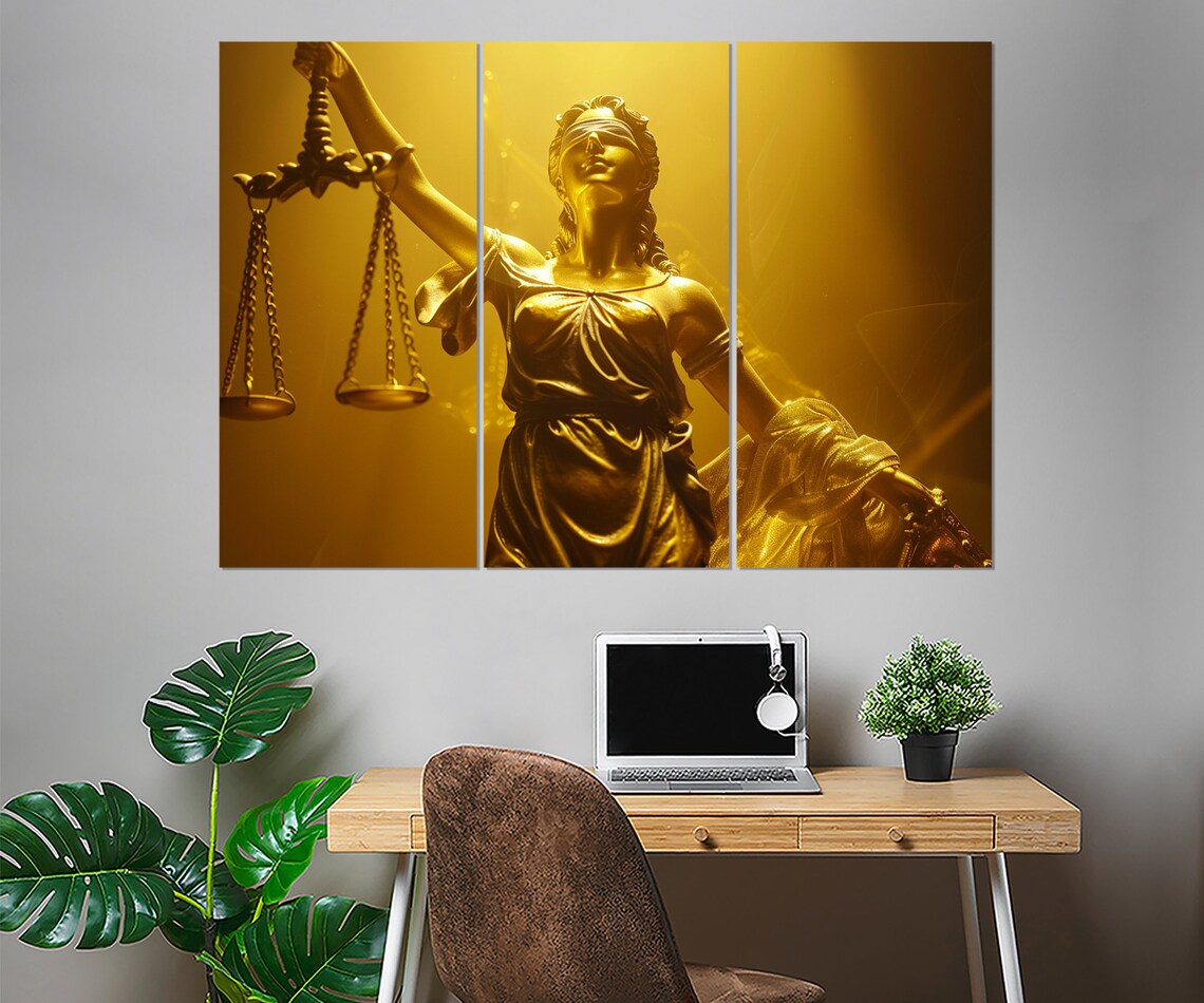 Golden Lady Justice Holding Scales Dramatic Glow Lawyer Office Decor Poster - Image 2