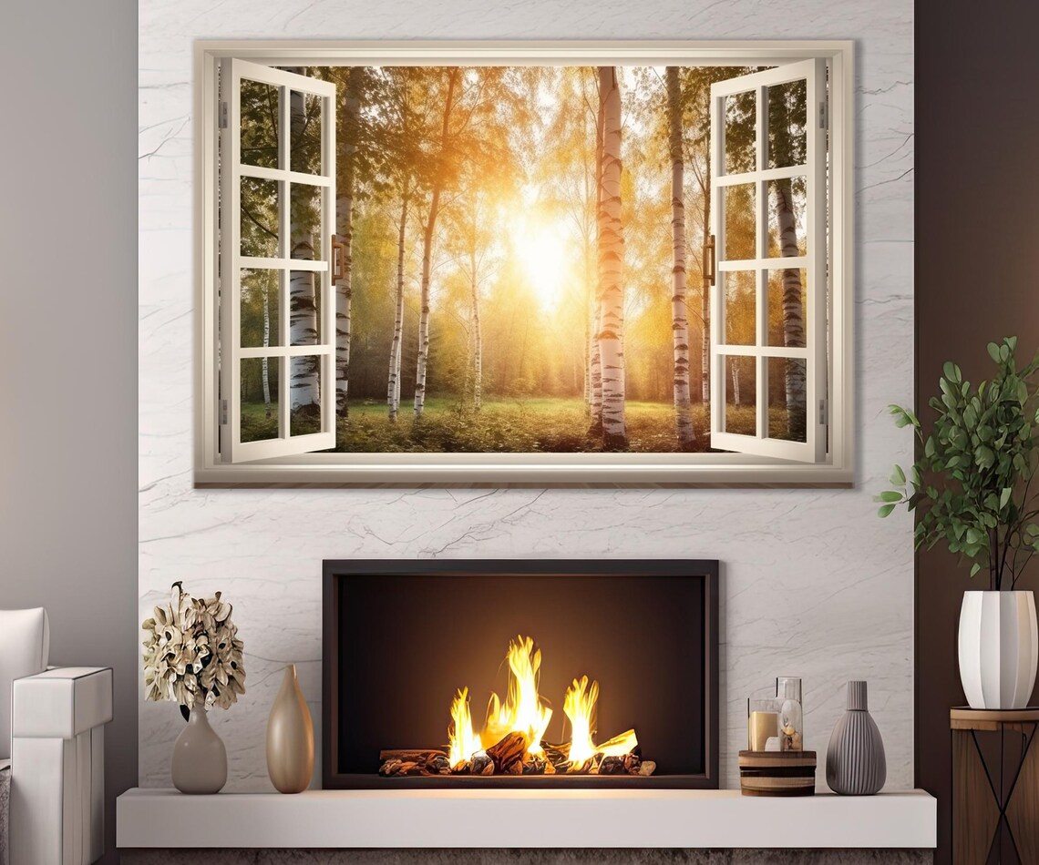 Open Window With Birch Forest Print Balkan Window View Painting Birch Forest On Sunset Painting Framed And Ready To Hang - Image 3
