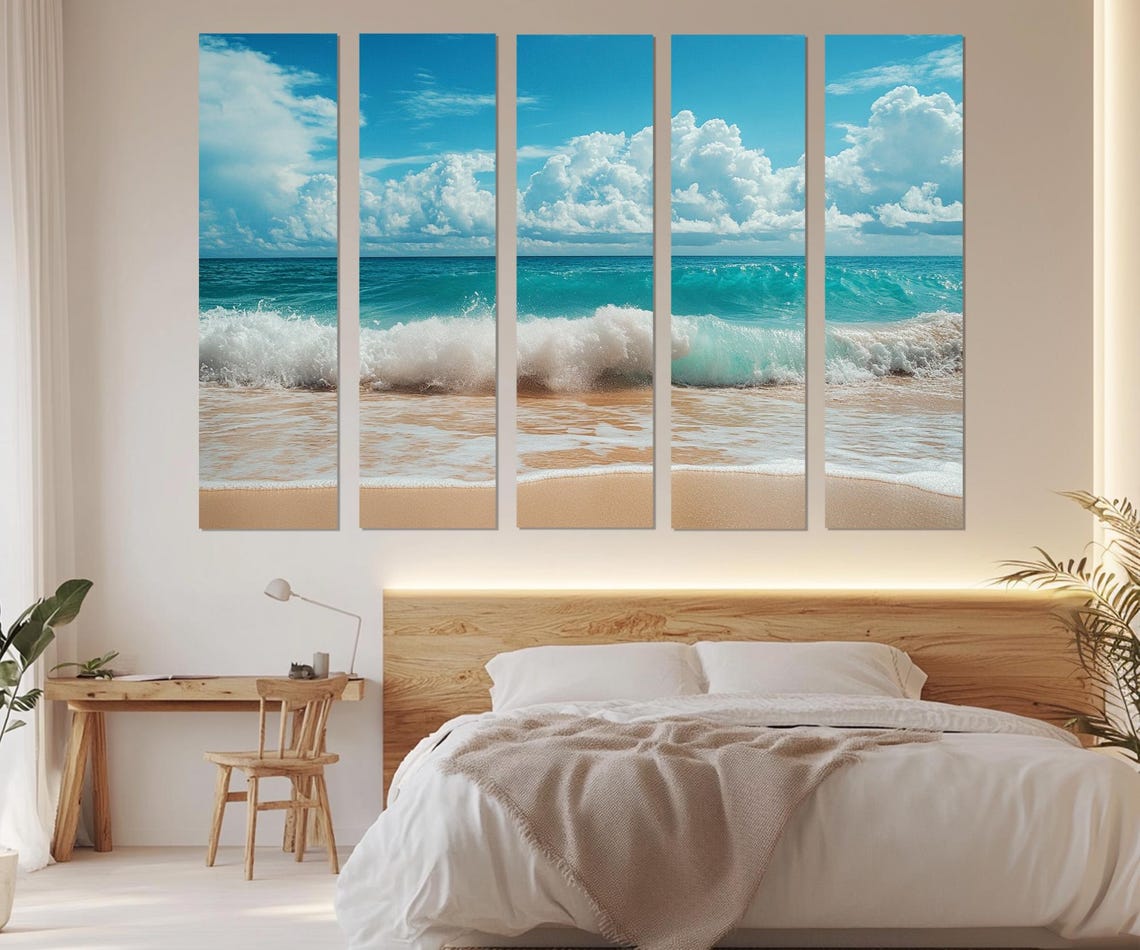 Turquoise Ocean Wave Crashing On Sandy Beach Cloudy Sky Wall Poster - Image 3