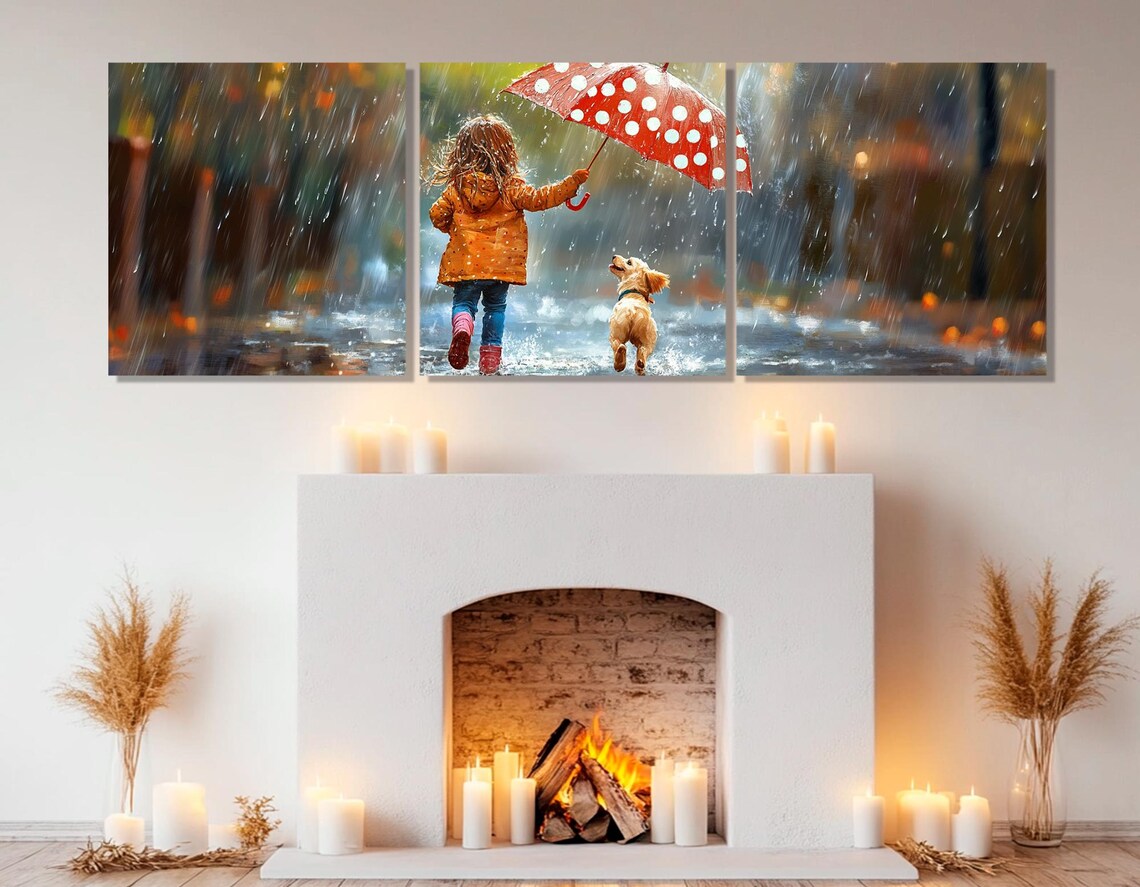 Little Girl Puppy In Rain Red Umbrella Joyful Kids Triptych Wall Art - Image 3