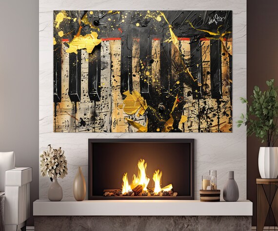 Gold and Black Abstract Piano Keys Painting Sheet Music Jazz Wall Art Poster