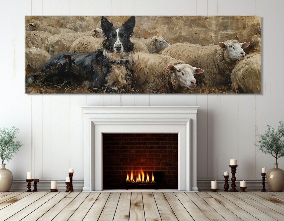 Border Collie Herding Sheep, Rustic Farmhouse Art Print