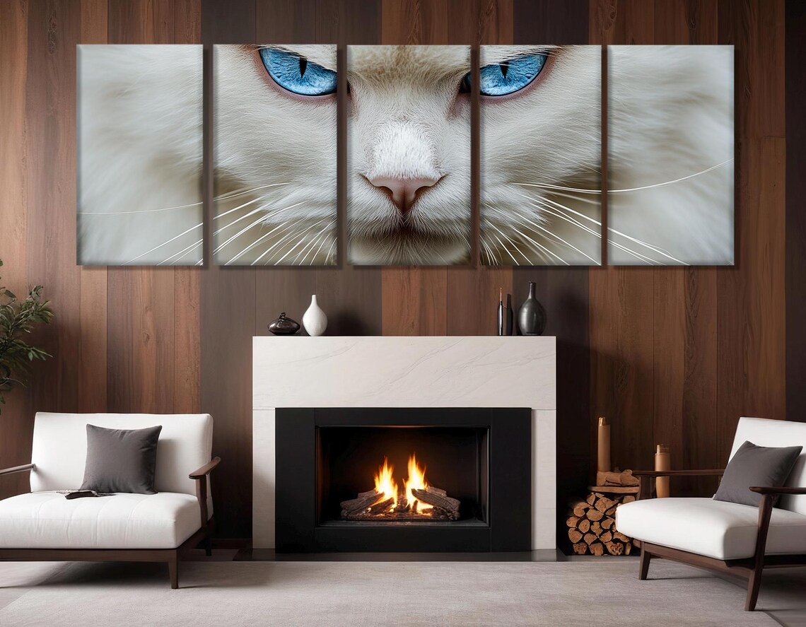 Stern White Cat Piercing Blue Eyes Close Up Feline Portrait Art - Image 2