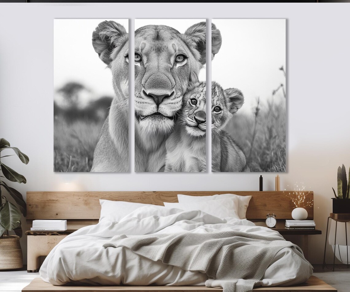 Lioness And Baby Lion Black And White Tender Wildlife Portrait Poster - Image 3