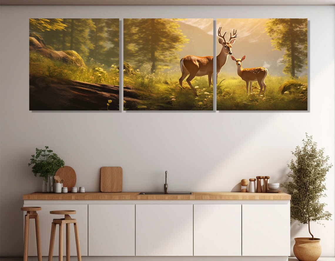 Deer And Fawn Golden Forest Clearing Sunlit Woodland Wildlife Panoramic Wall Poster - Image 2