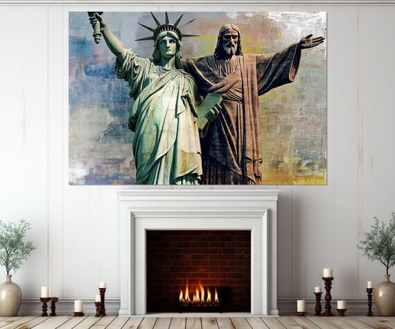 Statue Of Liberty And Christ Redeemer New York Rio Painting Poster