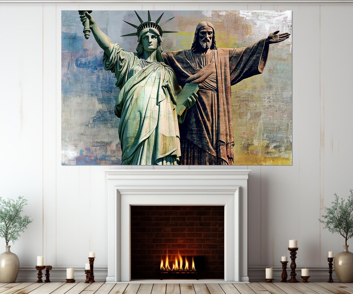 Statue Of Liberty And Christ Redeemer New York Rio Painting Poster