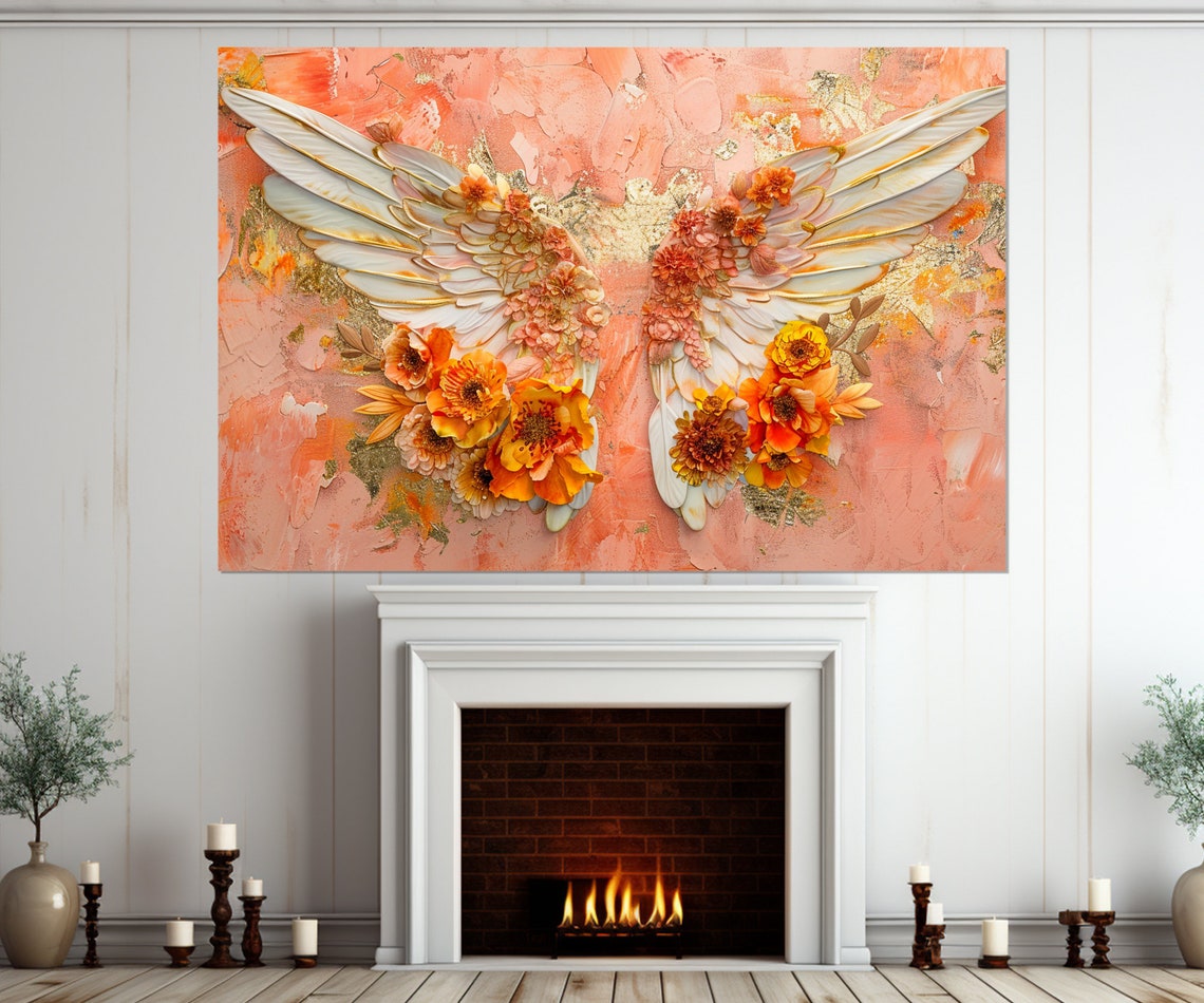 Angel Wings Painting Print Roman Catholic Wall Art Angel Wings In Flowers Painting Religious Wall Art Framed And Ready To Hang - Image 3