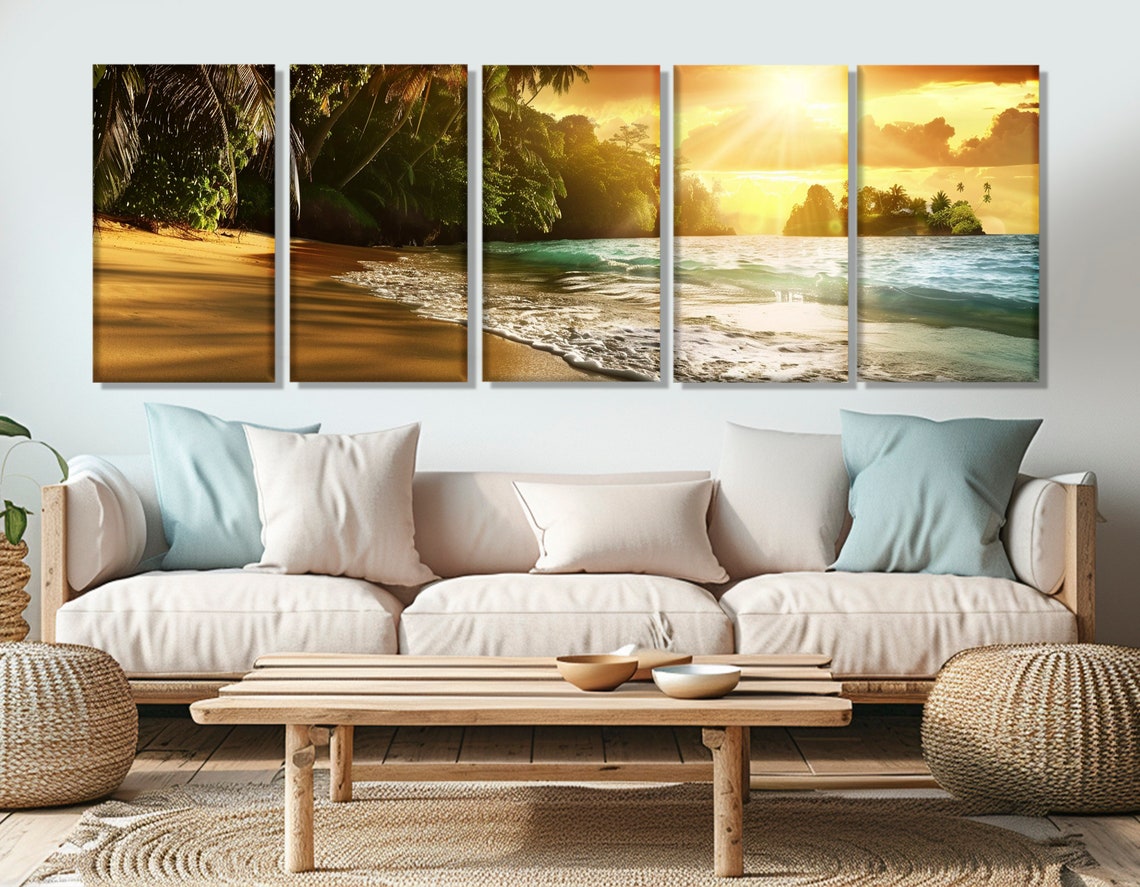 Tropical Beach Golden Sunset Palm Trees Turquoise Ocean Waves Poster - Image 3