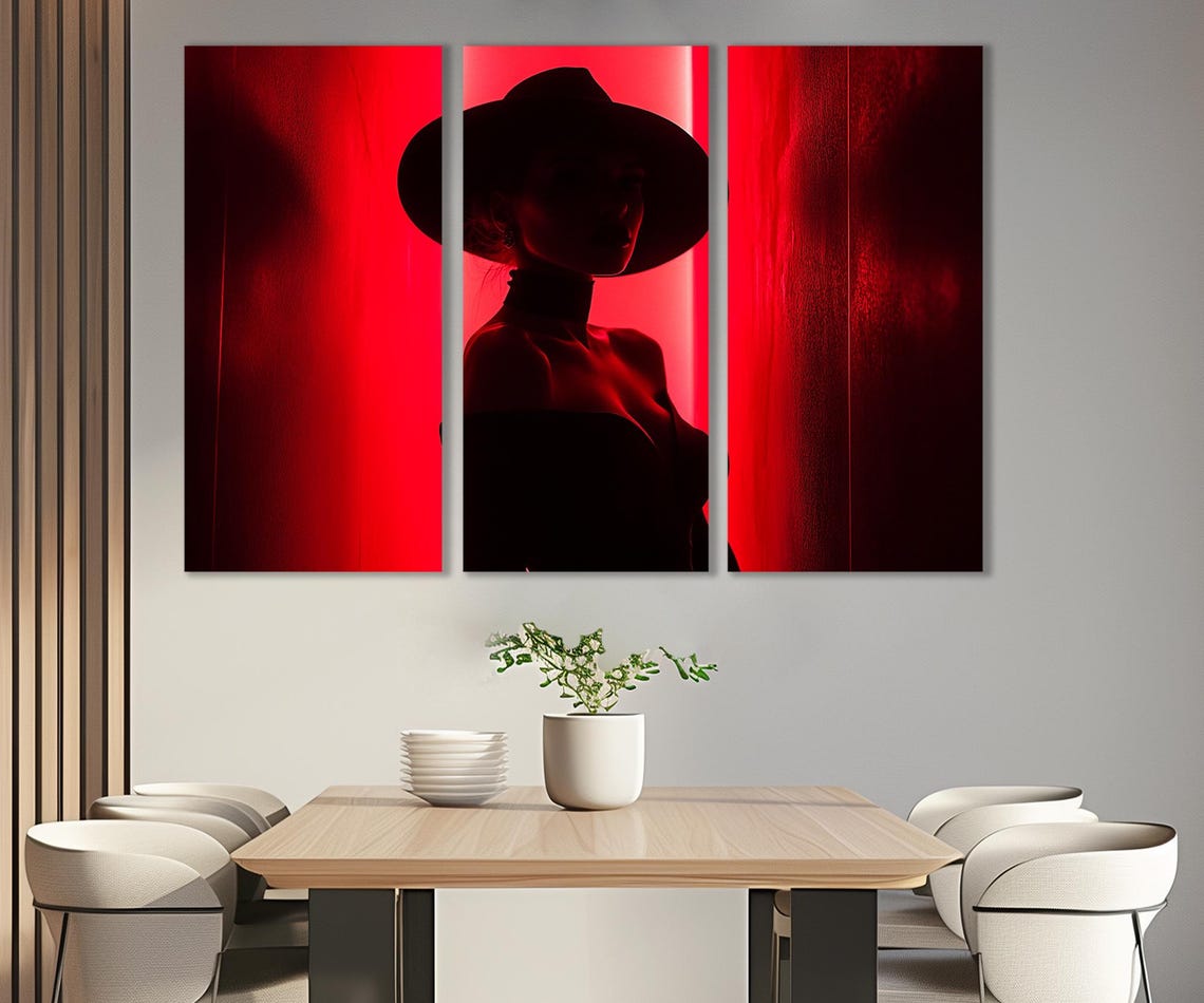Mysterious Woman Red Neon Light Silhouette Hat Modern Art Poster - Image 4