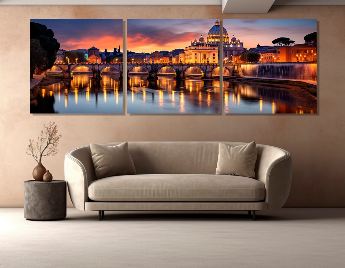 Rome Italy St Peters Basilica Sunset Over Tiber River Panorama Poster - Image 3