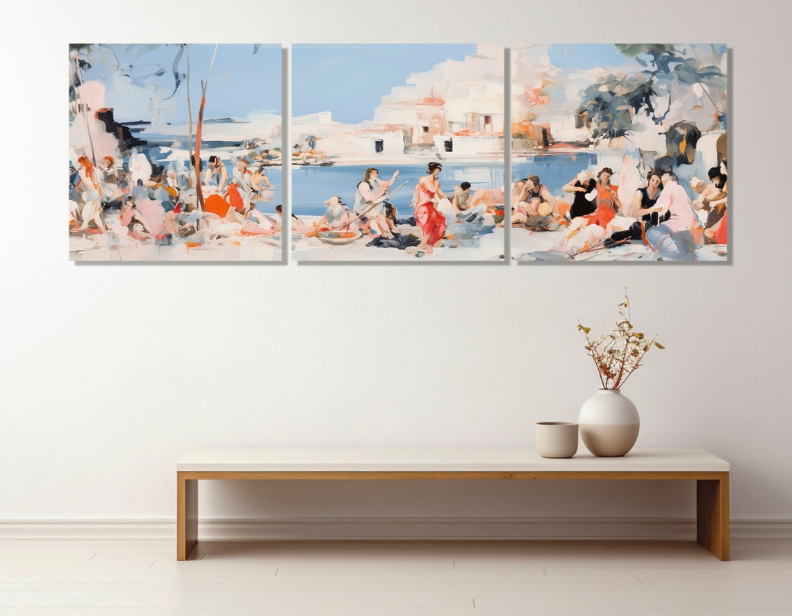 Retro Santorini Greece Aegean Coast Triptych Vintage Travel Poster - Image 2
