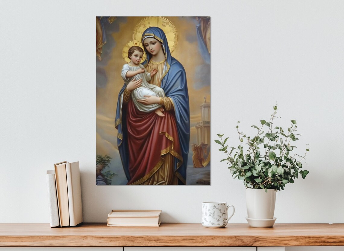 Virgin Mary Holding Baby Jesus Golden Halo Traditional Catholic Painting Poster - Image 3